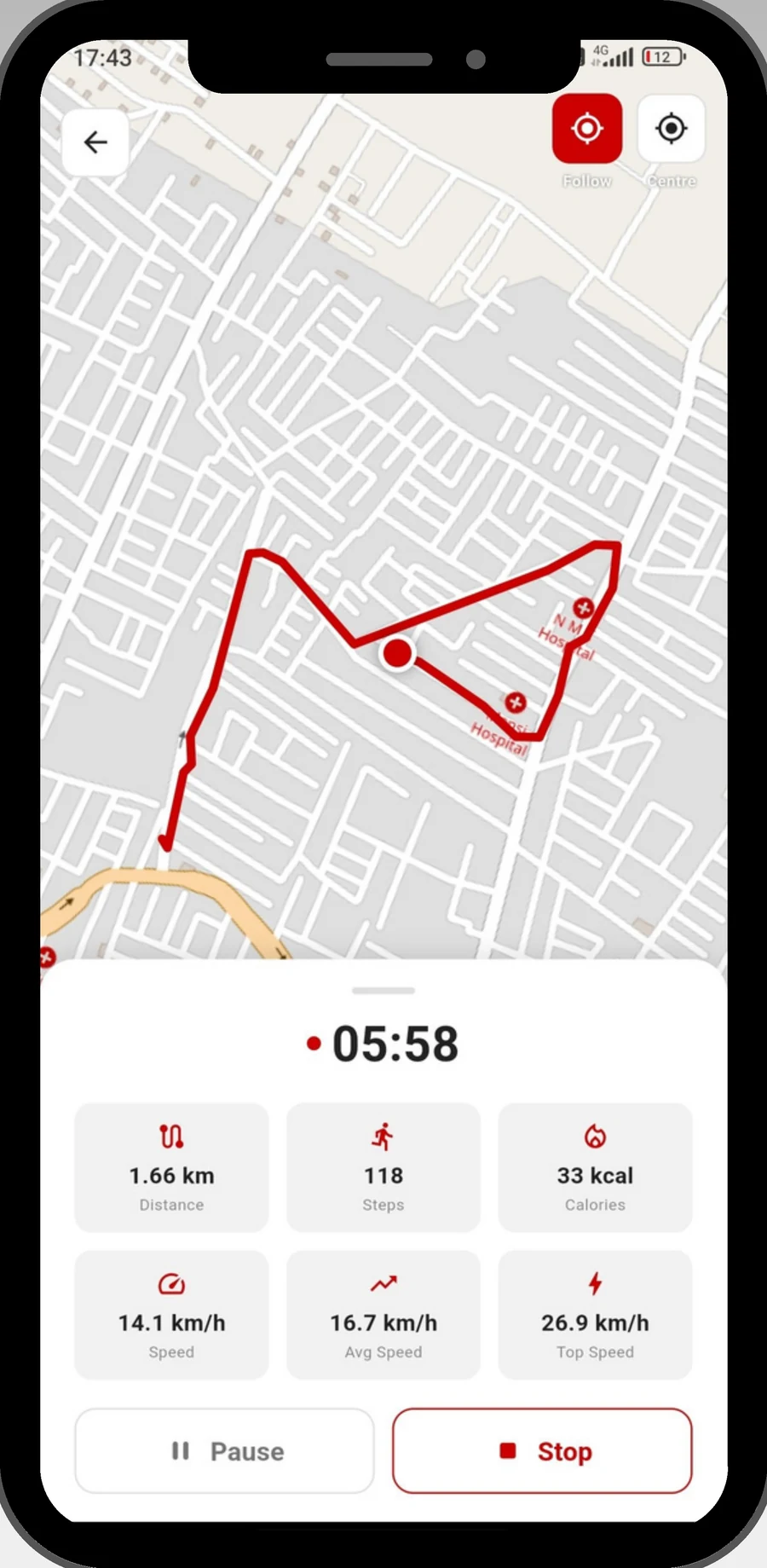 TPG Fitness app run tracker screen with live map route and pace stats