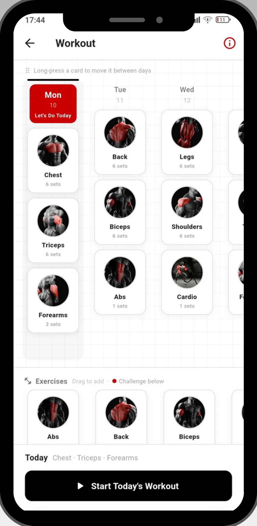 TPG Fitness app workout planner screen, showing a weekly split by muscle group