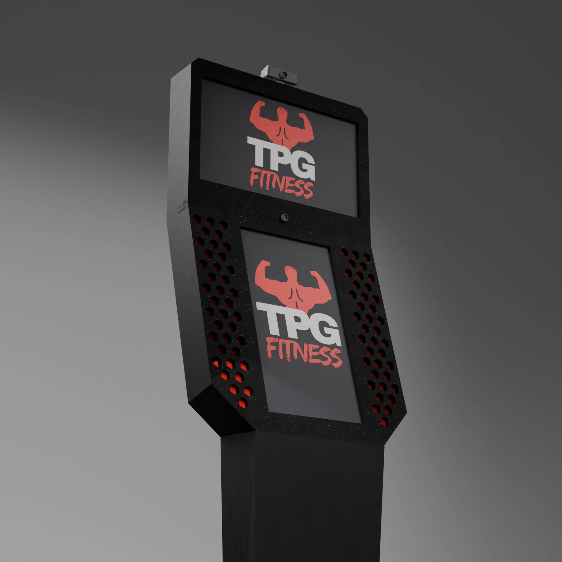 The TPG Fitness kiosk, dual screens with camera for form tracking