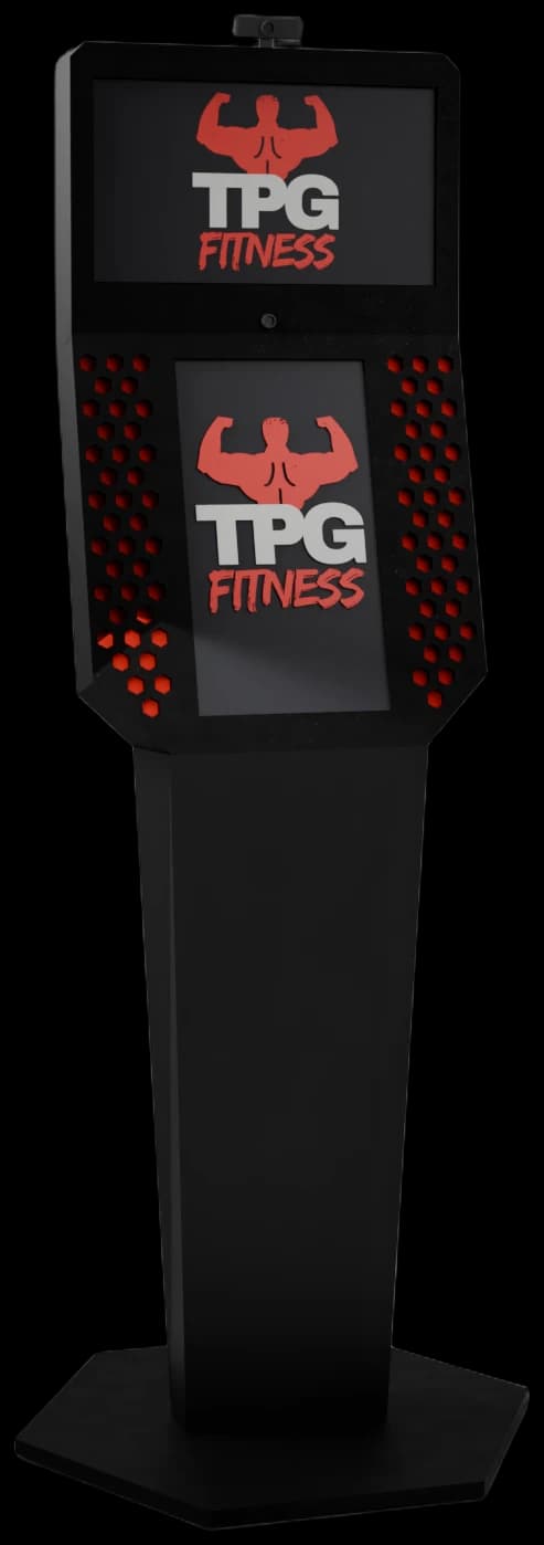 The TPG Fitness Smart Kiosk, a dual-screen virtual gym coach