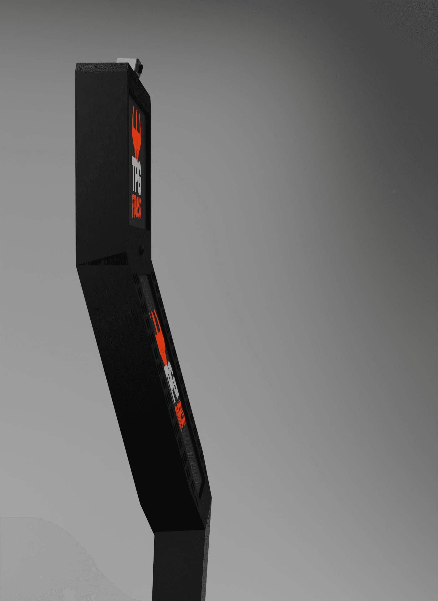 Side profile of the TPG Fitness kiosk showing its steel frame