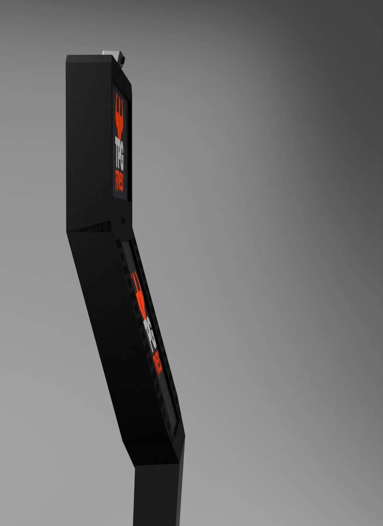 Side profile of the TPG Fitness kiosk showing its steel frame
